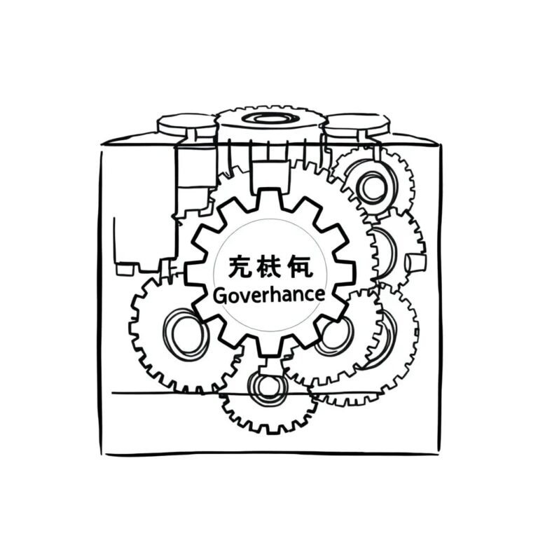 A complex, multi-layered puzzle cube with interlocking gears, where one gear is labeled 'Governance' and is central to the puzzle's completion.
