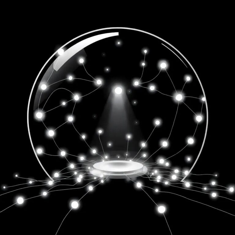 A vast, interconnected web of glowing, pulsating data nodes, suspended in a transparent, ever-shifting glass dome, with a central, steady beacon of light representing trust.