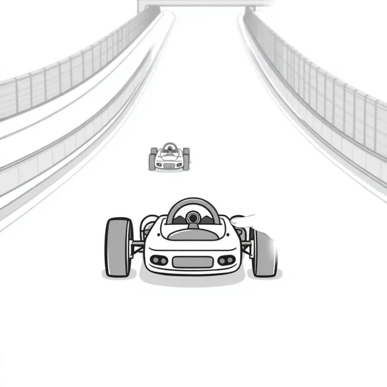 A high-speed, multi-lane racetrack with AI-controlled race cars, each equipped with a miniature steering wheel that can be adjusted by a human hand, symbolizing guided acceleration.