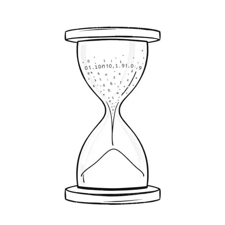 A digital hourglass with flowing binary code instead of sand