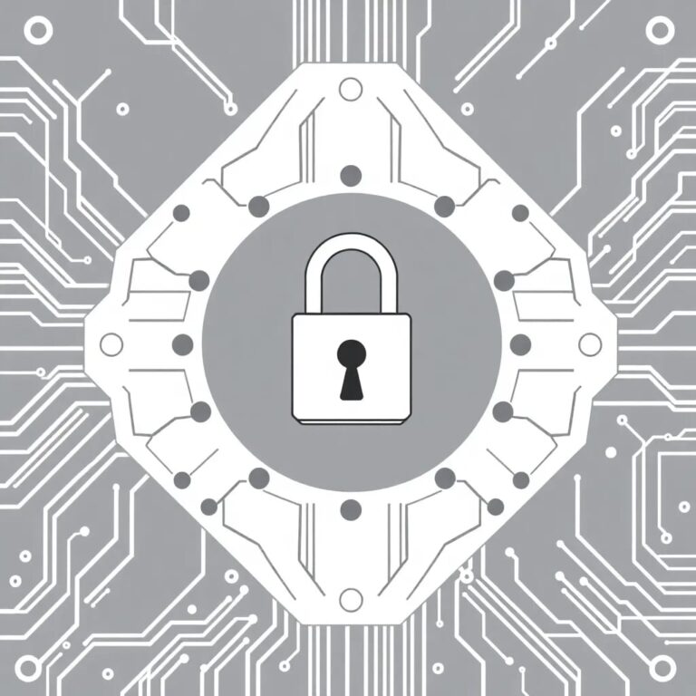 A futuristic, transparent AI circuit board with a physical, old-fashioned keyhole lock embedded in the center