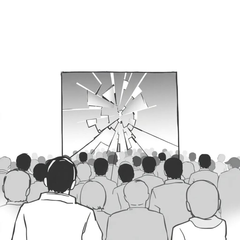 A shattered digital mirror reflecting a fragmented, pixelated crowd