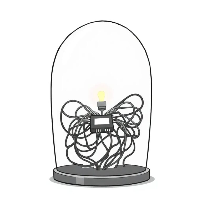 A tangled web of copper wires and silicon chips, encased in a glass dome, with a single, glowing LED light blinking intermittently.
