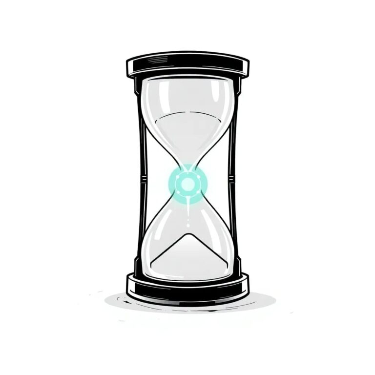 A frozen hourglass with a glowing, pulsating AI core at its center