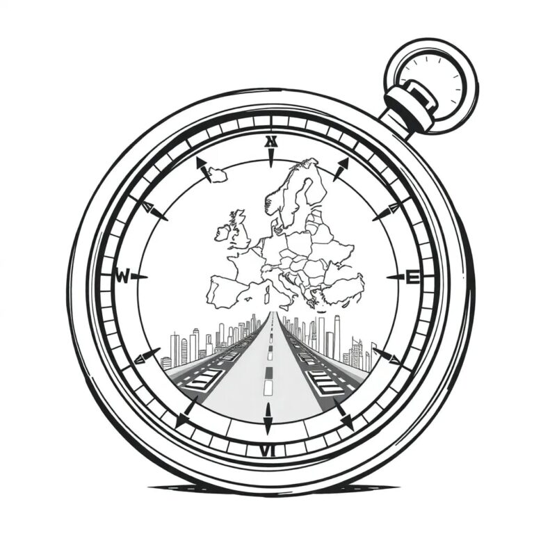 A vintage European compass with a digital AI interface embedded in its face, pointing towards a map of Europe with a subtle, glowing path leading to a futuristic cityscape.