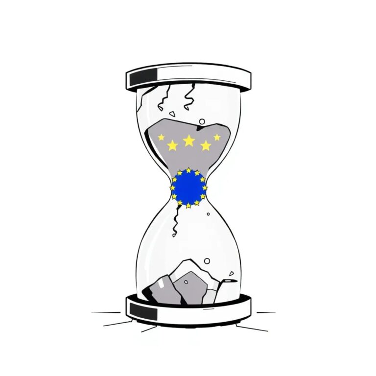 A shattered digital hourglass with AI circuitry and EU flag pixels flowing through it