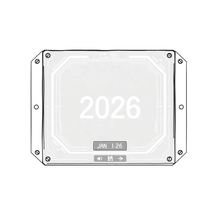 A futuristic, transparent AI control panel with glowing, dynamic code streams and a digital clock counting down to January 1, 2026