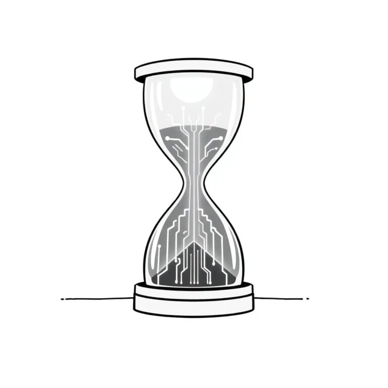 A digital hourglass with a glowing, ever-changing AI circuit pattern flowing through it