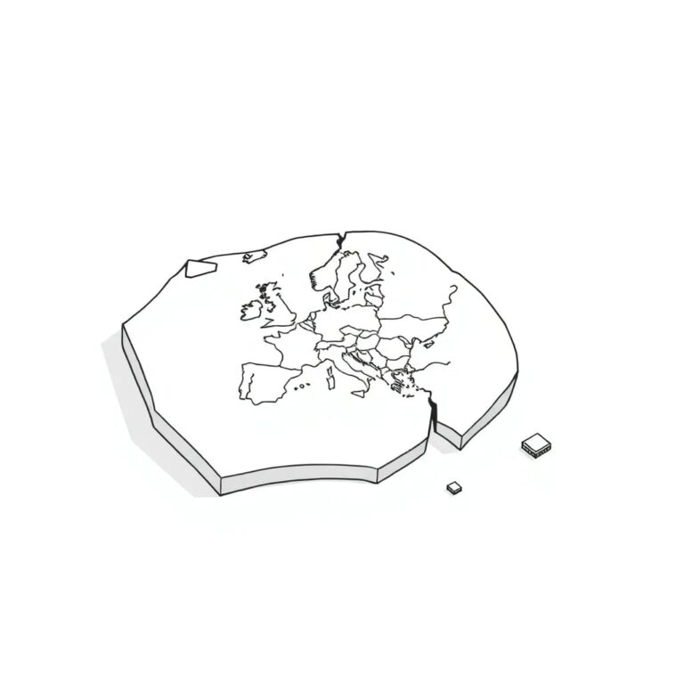 A shattered silicon wafer with a digital map of Europe and the United States etched onto its surface, surrounded by tiny, intricate AI microchips