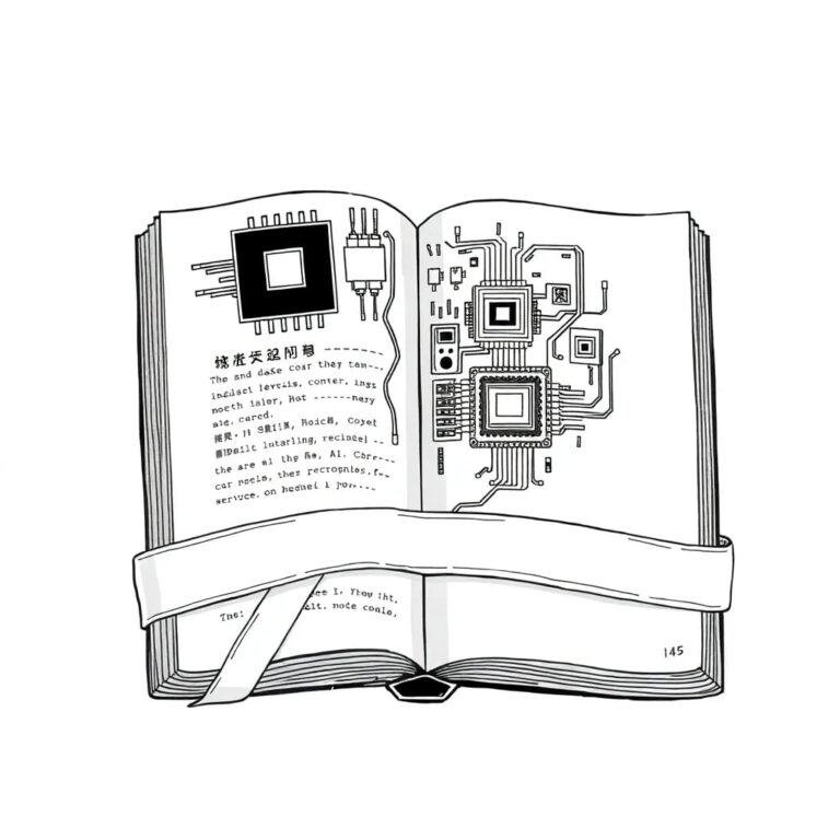 A vintage medical textbook with its pages replaced by circuit boards and AI chips, bound together with a ribbon that transitions from traditional medical symbols to digital code.