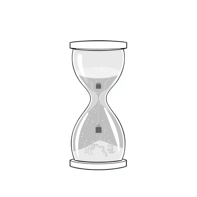 A digital hourglass with sand made of glowing circuit boards, where the flow of sand represents the dynamic adoption and implementation of AI policies across different states.