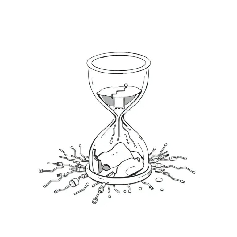 A shattered digital hourglass with AI circuitry spilling out