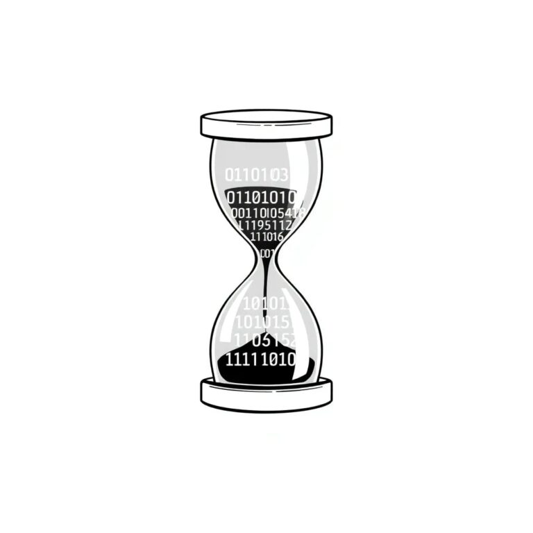 A digital hourglass filled with binary code