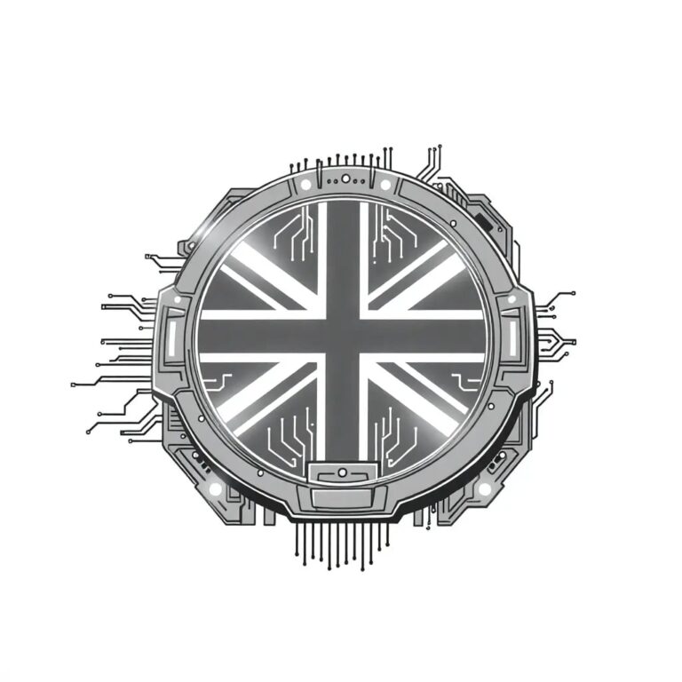 A futuristic, intricately designed AI circuit board with a British flag etched into its surface, glowing with dynamic, pulsating lights.