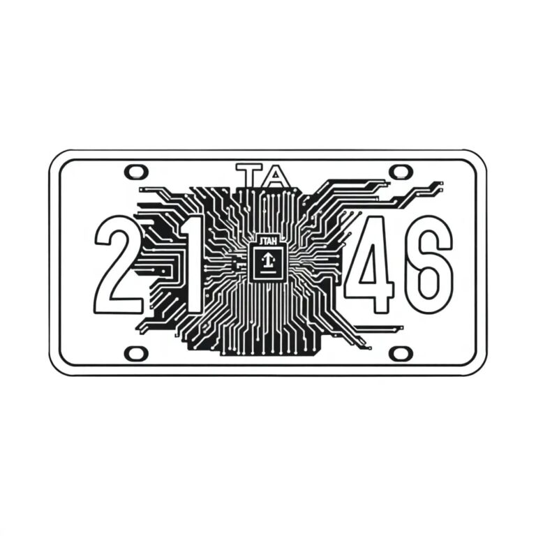 A vintage Utah license plate with a digital circuit board embedded in the center, displaying a dynamic, ever-changing AI algorithm.