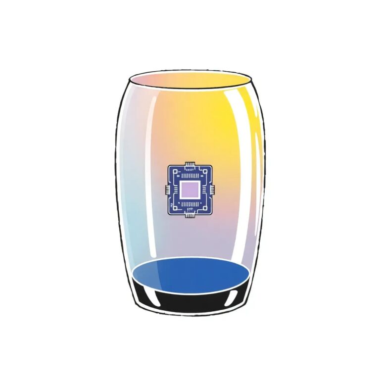 A glass prism that refracts light into a spectrum of colors, each color representing a different aspect of the compliance framework, with a small, intricate AI circuit board embedded within the prism.