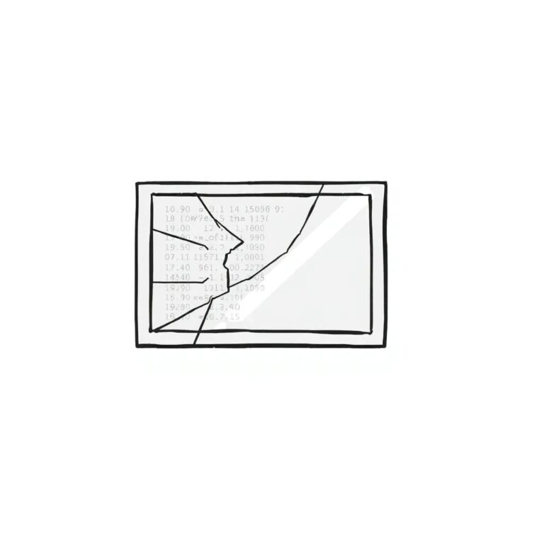 A shattered mirror reflecting a digital code