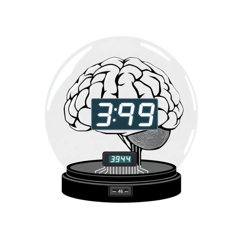 A futuristic, transparent AI brain encased in a glass dome, with a digital clock ticking down from 39% and a network of glowing circuits pulsating around it.