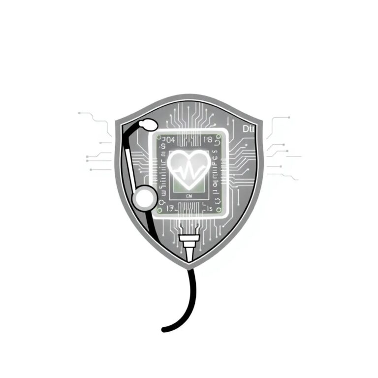 A digital stethoscope with a transparent, glowing circuit board that pulses with data, encased in a shield of interlocking, dynamic code.