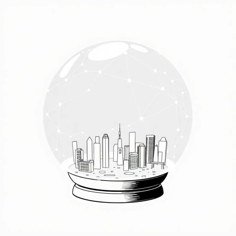 A holographic globe with interconnected neural networks and corporate skylines emerging from its surface