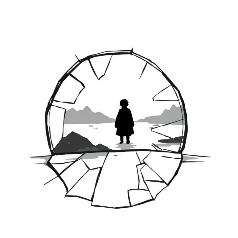 A shattered mirror reflecting a digital landscape with a blurred, pixelated figure