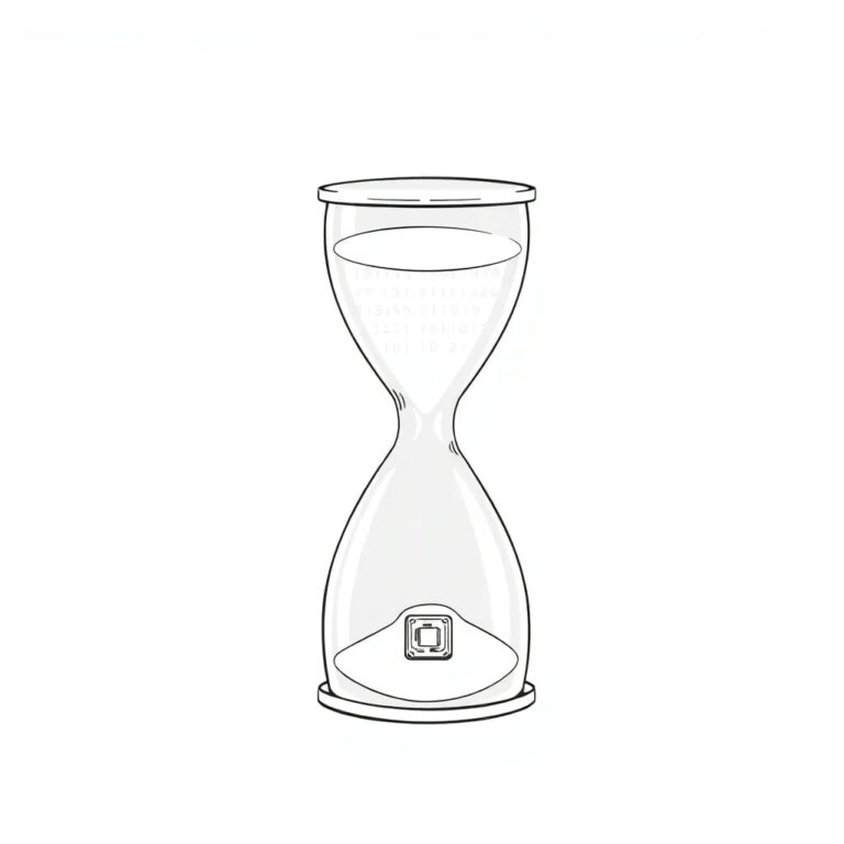A futuristic, transparent hourglass filled with binary code instead of sand, with a small, intricate AI chip embedded at the base.