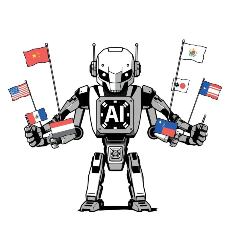 A futuristic, multi-armed robotic sculpture with each arm holding a different state flag, all converging towards a central AI processor