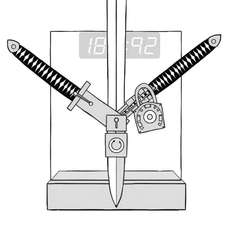 A double-edged sword with one blade made of digital circuitry and the other of a complex lock mechanism, suspended in a glass case with a digital clock counting down in the background.