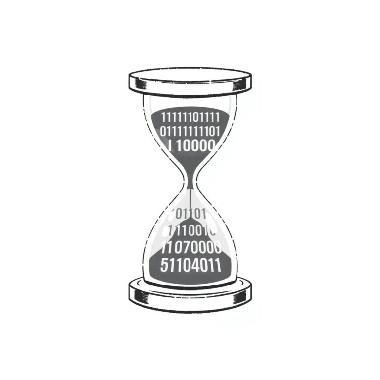A digital hourglass filled with glowing binary code