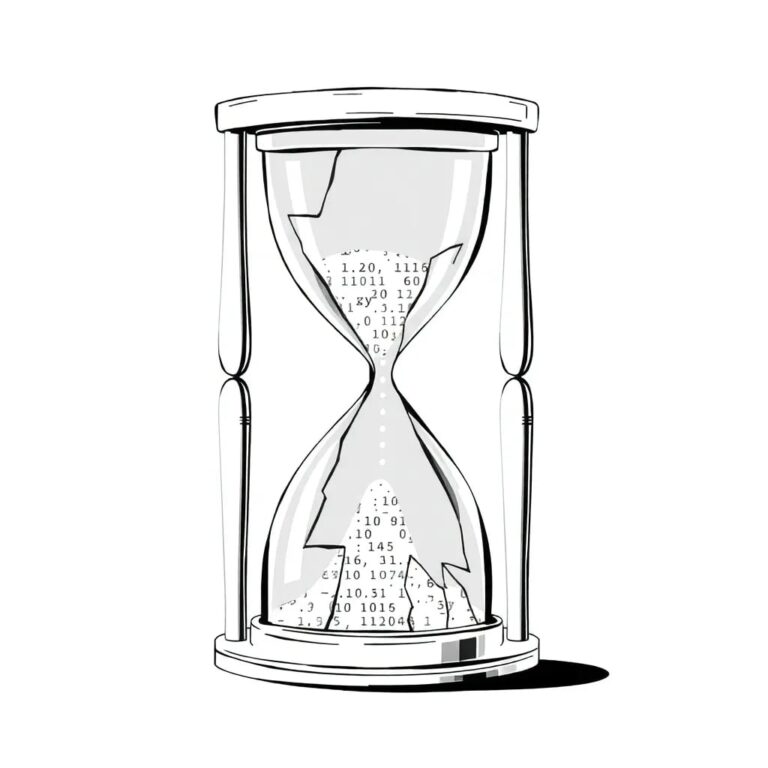 A shattered digital hourglass with binary code flowing through its broken glass