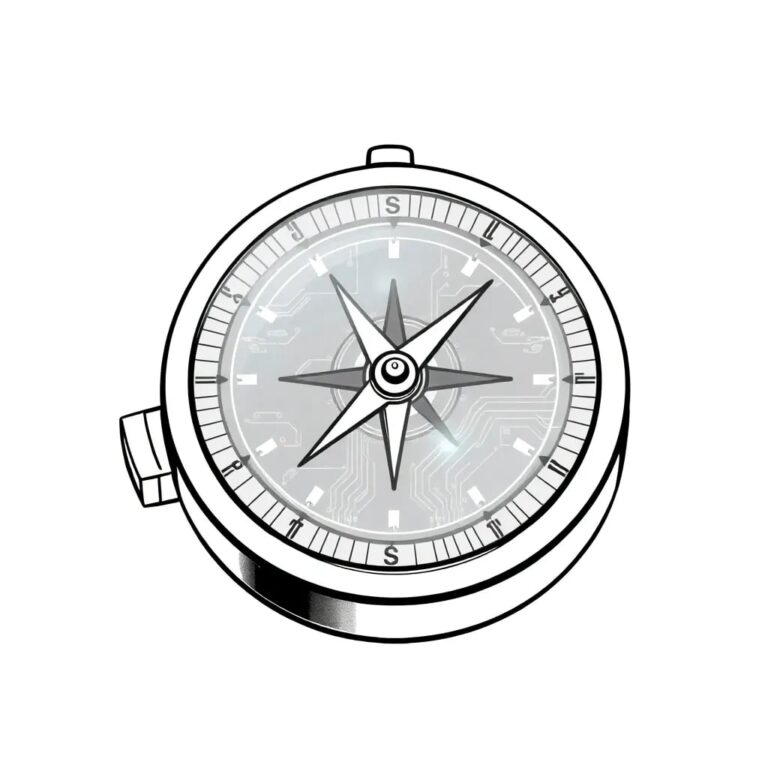 A futuristic, intricately designed compass with a digital display that shows shifting regulatory guidelines as its needle points towards a glowing AI circuit board.