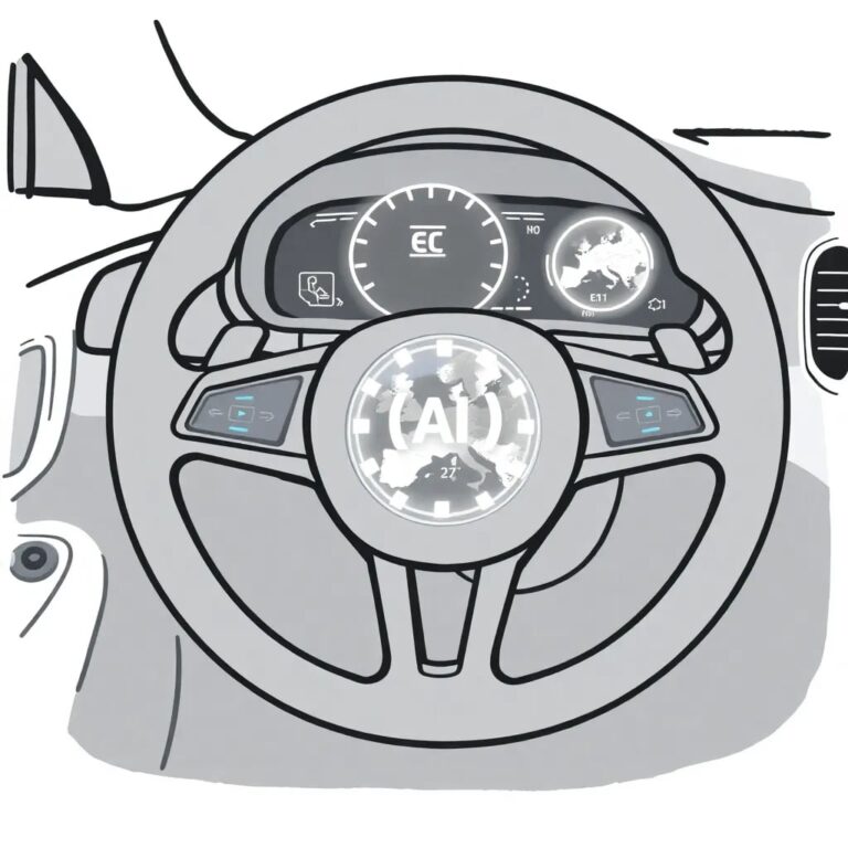 A steering wheel with integrated, glowing circuit boards and a digital dashboard displaying a map of the EU, with a prominent 'AI' icon pulsating at key automotive hubs.