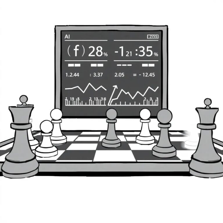 A chessboard with AI-controlled pieces playing against human-controlled pieces, where the board is a digital screen displaying fluctuating odds and probabilities.
