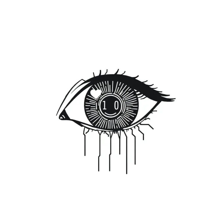 A shattered digital eye with a circuit board iris, leaking binary code like tears