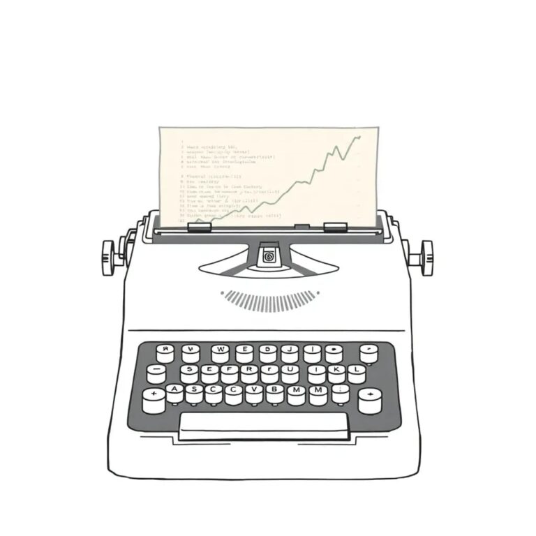 A vintage typewriter with a glowing, holographic screen displaying lines of code that morph into financial graphs and charts.
