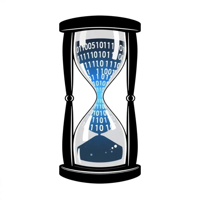 A digital hourglass filled with binary code and glowing with a pulsating blue light, symbolizing the continuous flow and protection of data in real-time.