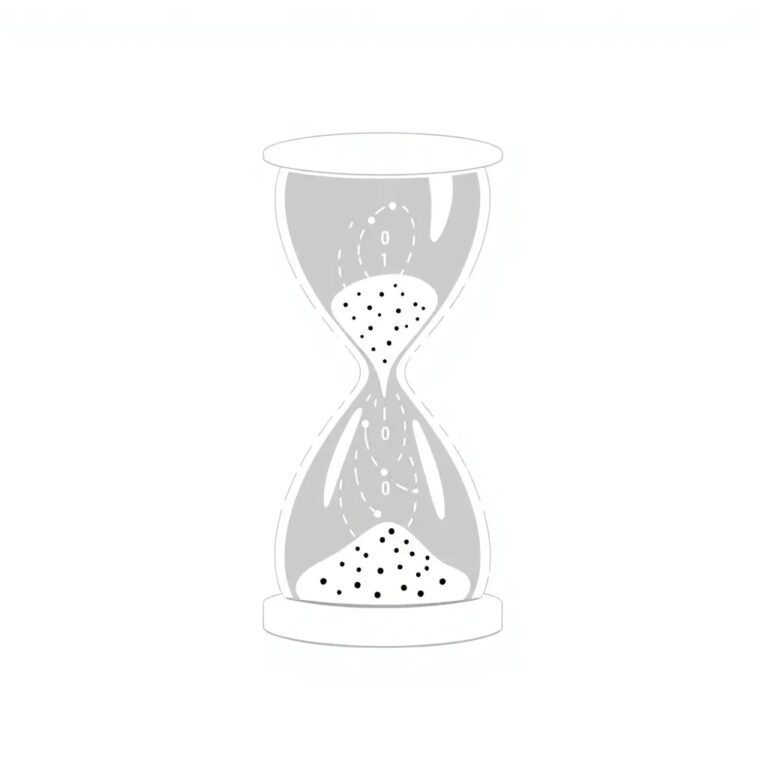 A digital hourglass with AI algorithms flowing through it, transitioning from binary code to human-like neural networks
