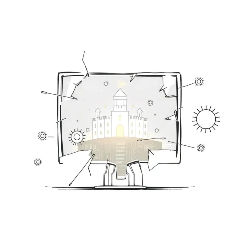 A shattered glass screen displaying a digital fortress under siege by pixelated viruses, with a glowing, intact circuit board emerging from the cracks.