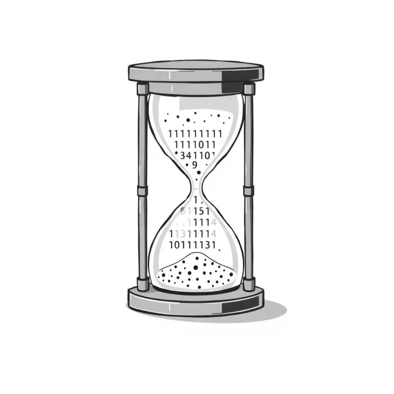 A digital hourglass filled with binary code