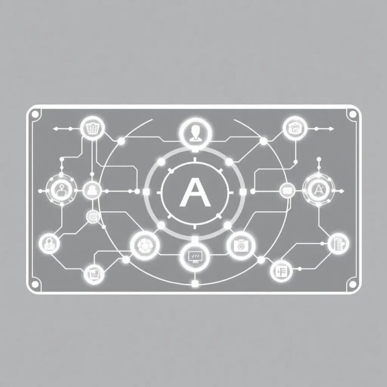 A futuristic, transparent AI control panel with glowing, interconnected nodes representing data flows, governance protocols, and operational models, all encased in a sleek, government-seal-embossed frame.