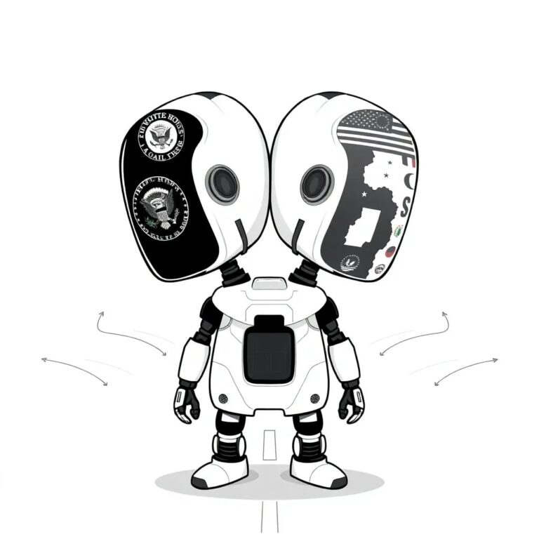 A futuristic, dual-headed AI robot, one side adorned with the White House seal and the other with a patchwork of state flags, standing at a crossroads with digital pathways extending in multiple directions.