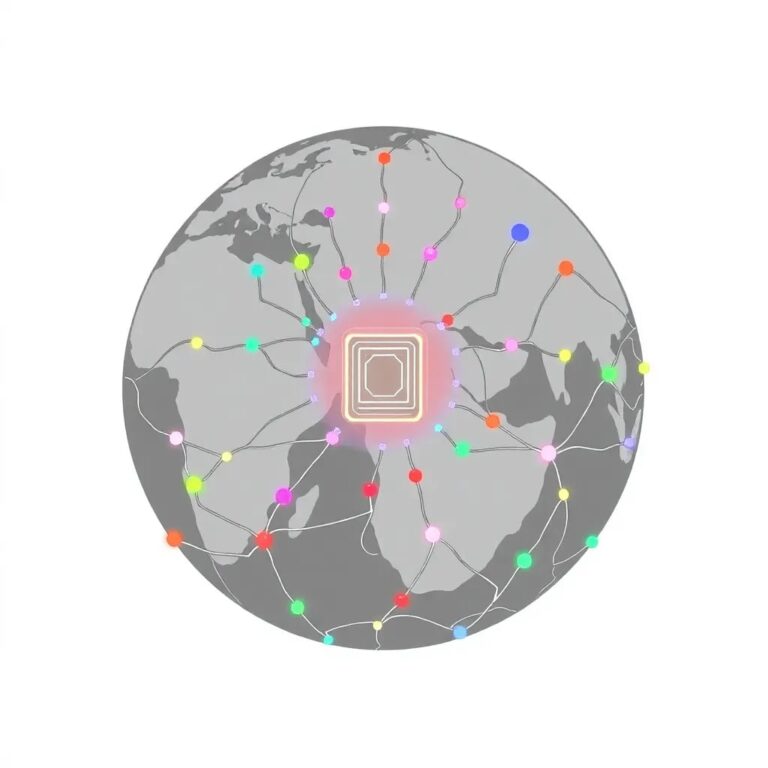 A globe with interconnected neural networks woven into its surface, each node pulsing with different colors representing various countries, all converging at a central, glowing AI processor.