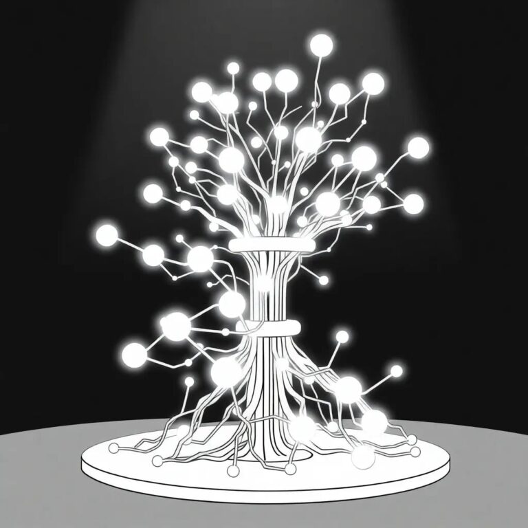 A futuristic, multi-layered neural network sculpture with interconnected nodes that light up sequentially, symbolizing the integration and activation of AI across an entire enterprise.