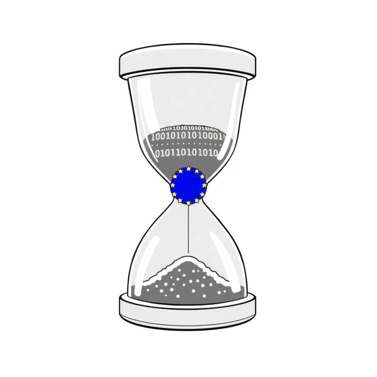 A futuristic, transparent hourglass filled with binary code instead of sand, with a European Union flag etched onto the glass.