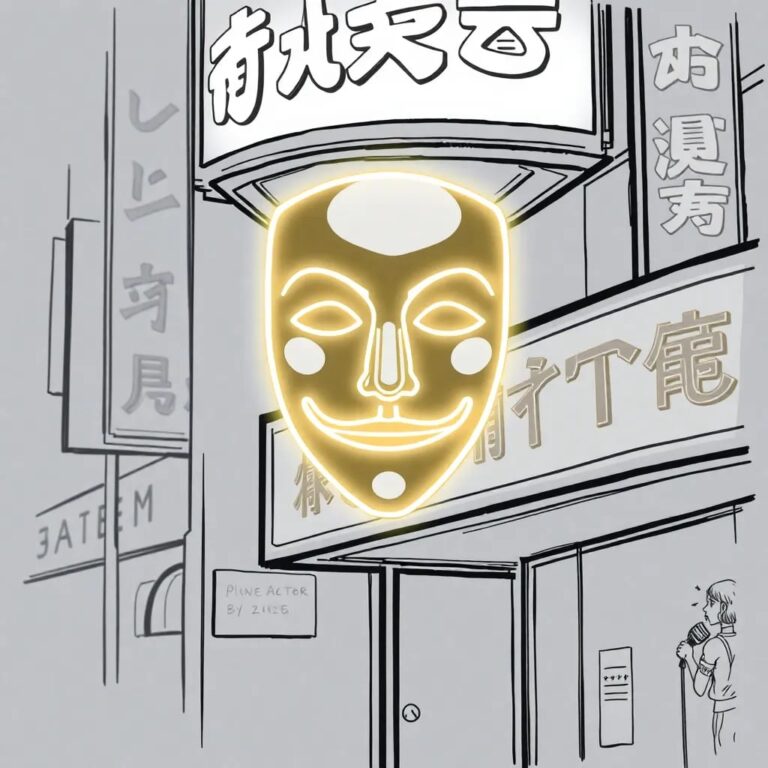 A neon-lit, holographic mask that flickers between the faces of famous actors and anonymous AI-generated personas, displayed on a vintage Broadway marquee.