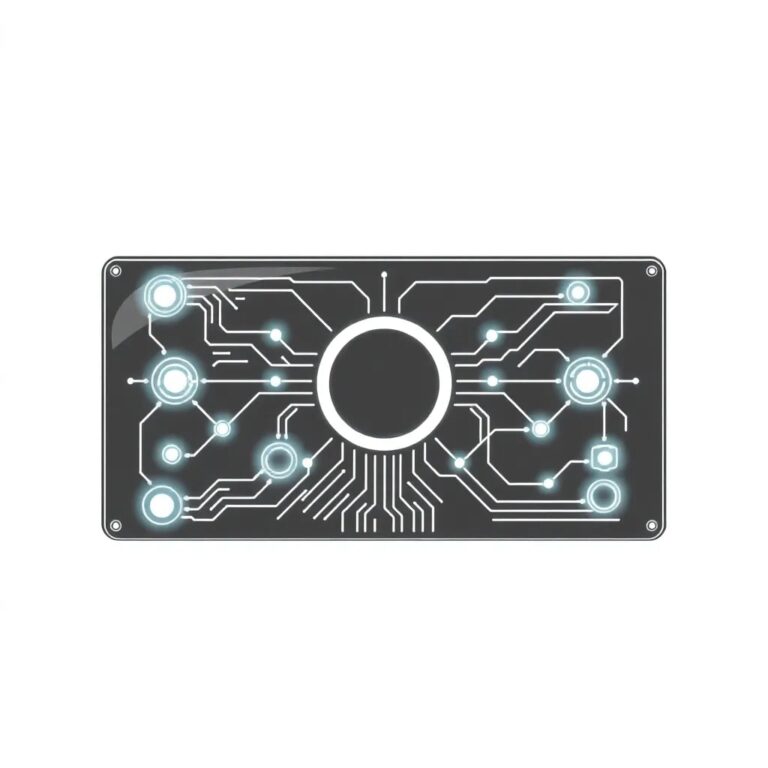 A futuristic, transparent AI control panel with glowing, interconnected circuits that light up in different patterns to represent the dynamic and evolving nature of AI regulation.