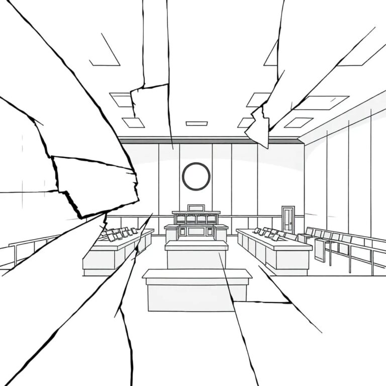 A shattered digital mirror reflecting a distorted, glitching image of a courtroom