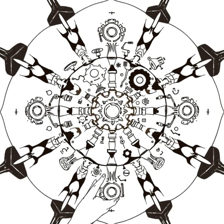 A dynamic, ever-changing kaleidoscope where each twist reveals new patterns of interconnected gears, circuits, and human hands, symbolizing the adaptability and integration of AI governance in a democratized tech landscape.