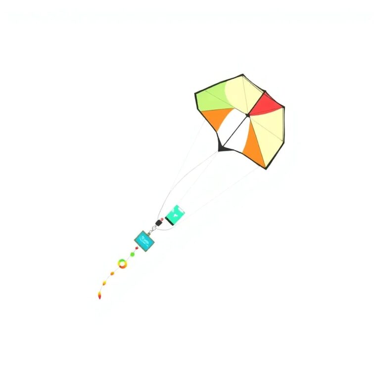 A vibrant, multi-colored kite shaped like a map of Guatemala, with AI circuitry embedded in its strings and a small, glowing digital screen displaying real-time community data.