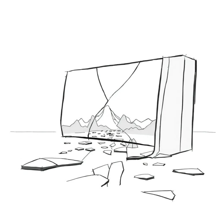 A shattered digital mirror reflecting a distorted, ever-changing landscape